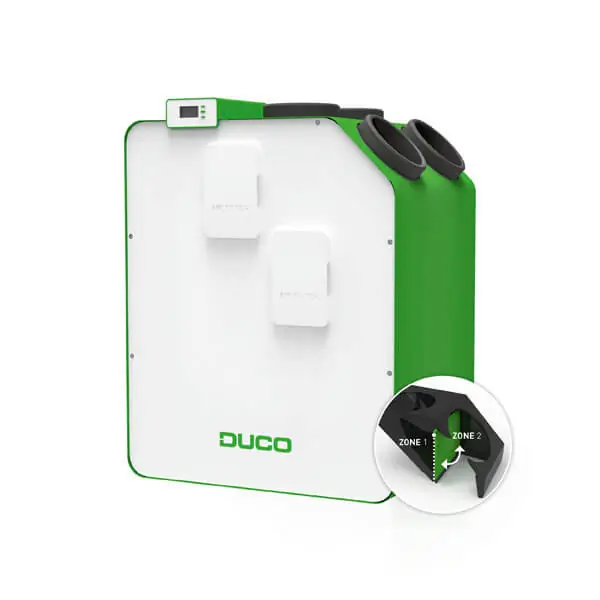 Product image of the DucoBox Energy Premium MVHR unit that can be used for zonal ventilation through a day and night zone