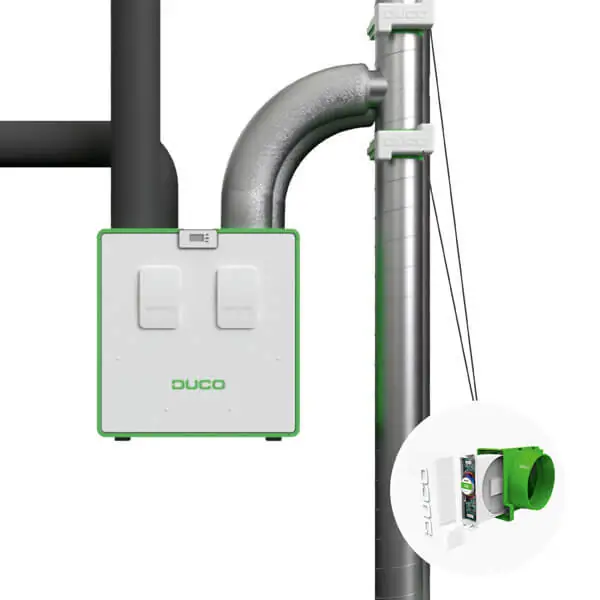 Image de produit de la DucoBox Energy Comfort (Plus) et du clapet multizone qui créent ensemble une solution de ventilation zonale.